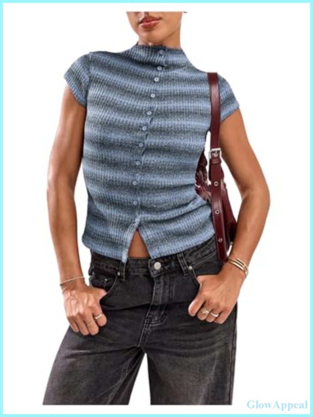 Women's Striped Mock Neck Cap Sleeve Button Front Slim Fit T-Shirt